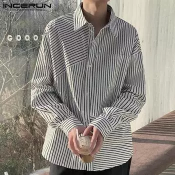 INCERUN негабаритные мужские повседневные полосатые рубашки большого размера с воротником с лацканами и длинными рукавами 3XL чёрный