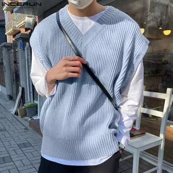 INCERUN Негабаритные мужские регулируемые тонкие вязаные свитера с длинным рукавом и V-образным вырезом