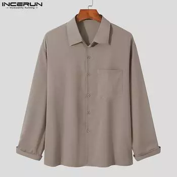INCERUN Негабаритные мужские рубашки с длинными рукавами и пуговицами, однотонные рубашки с лацканами S чёрный