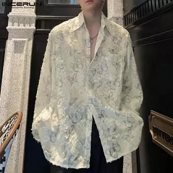 INCERUN Негабаритные мужские рубашки с кисточками и цветочным принтом, топы на пуговицах с длинными рукавами S бежевый