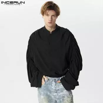 INCERUN Негабаритные мужские рубашки с воротником-стойкой и рукавами «летучая мышь» L чёрный