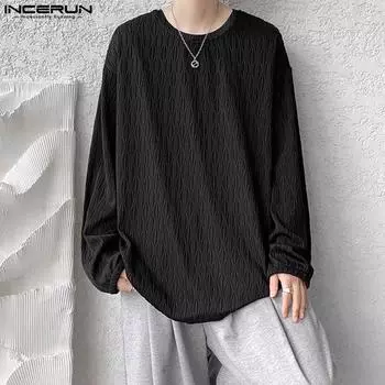 INCERUN Негабаритные мужские весенне-осенние текстурированные пуловеры с длинными рукавами, повседневные топы S чёрный