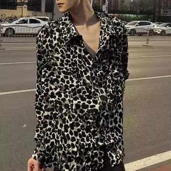 INCERUN Негабаритные мужские весенние рубашки с леопардовым принтом и длинными рукавами в винтажном стиле