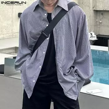 INCERUN Негабаритные мужские весенние рубашки в полоску с длинными рукавами и пуговицами