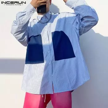 INCERUN Негабаритные мужские весенние рубашки в стиле пэчворк с длинными рукавами и пуговицами с лацканами