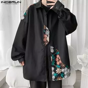 INCERUN Негабаритные мужские винтажные рубашки с длинным рукавом и вышивкой на пуговицах, весенние рубашки S чёрный