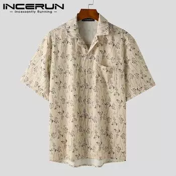 INCERUN Негабаритные рубашки в богемном стиле, летние мужские пляжные рубашки с короткими рукавами и принтом 2XL бежевый