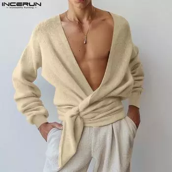 INCERUN Осень Мужские Свободные Топы с Глубоким V-образным Вырезом И Длинными Рукавами M чёрный