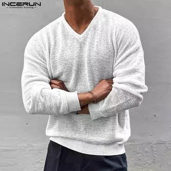 INCERUN Осень Мужские V-образные вырезы Длинные рукава Тонкие трикотажные пуловеры Повседневные свободные майки M чёрный