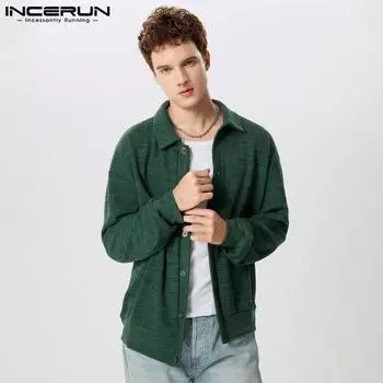 INCERUN осень мужской длинный рукав вязаный кардиган пальто пуговицы повседневный свободный трикотаж M зелёный