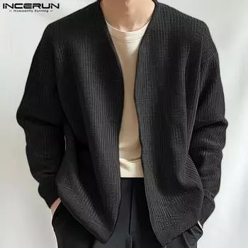 INCERUN осень-весна мужская открытая спереди фактурная куртка пальто длинный рукав кардиган S чёрный