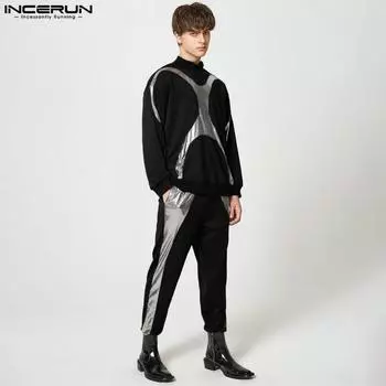INCERUN осень-весна мужские цветные комплекты из 2 предметов топы с капюшоном длинные брюки