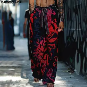 INCERUN осень-весна мужские длинные брюки с принтом эластичные повязки на талии брюки 3XL красный