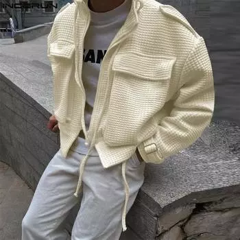 INCERUN Осень-весна Мужские куртки с высоким воротом и длинным рукавом на молнии в клетку с карманами M розовый