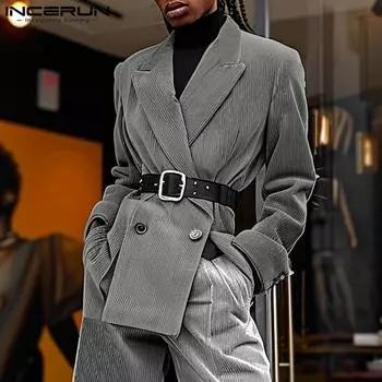 INCERUN осень-весна мужской шерстяной пиджак с зазубренными лацканами и длинным рукавом, разрезы, вельветовое пальто S чёрный