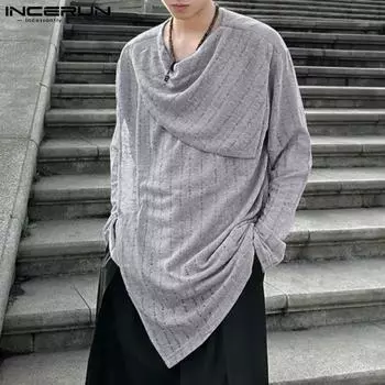 INCERUN осень-зима мужские длинные рукава теплые трикотажные топы нерегулярная основа пуловеры S серый
