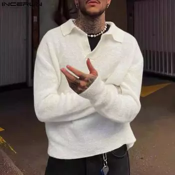 INCERUN осень зима мужские флисовые свитера с V-образным вырезом и длинным рукавом теплые пуловеры S чёрный