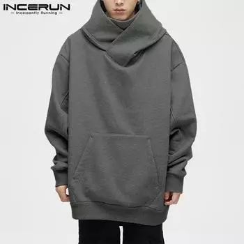 INCERUN осень зима мужские свитера с капюшоном и длинным рукавом с воротником-хомутиком повседневные свободные толстовки 5XL чёрный