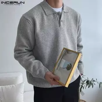 INCERUN осень-зима мужские вязаные пуловеры с воротником с лацканами и свитерами