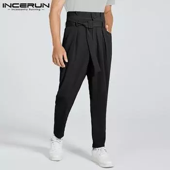 INCERUN осенне-весенние мужские шаровары с высокой талией однотонные брюки макси в стиле хиппи 2XL чёрный