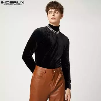 INCERUN осенне-весенние мужские топы с длинными рукавами и высоким воротником S чёрный