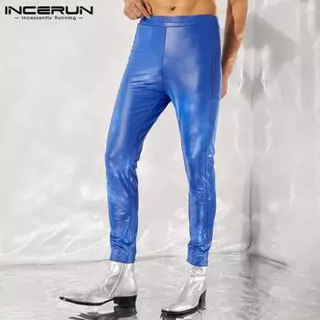 INCERUN осенне-зимние мужские кожаные тонкие эластичные леггинсы макси-брюки