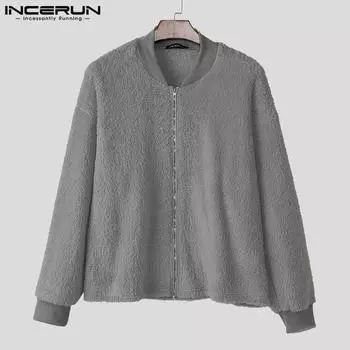 INCERUN Осень-зима Мужские теплые флисовые толстовки с длинным рукавом на молнии S чёрный