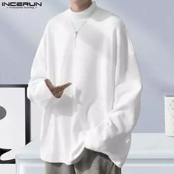 INCERUN осенне-зимний мужской свободный вязаный свитер с высоким воротником