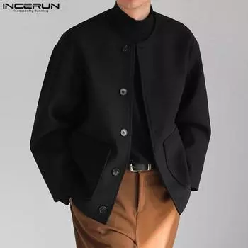 INCERUN осень-зима мужская куртка с длинным рукавом на пуговицах пальто S чёрный