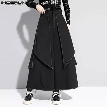 INCERUN Осенние искусственные длинные брюки со складками и неровным подолом из двух частей L чёрный