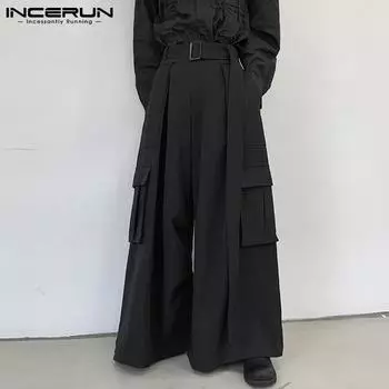 INCERUN Осенние мужские длинные широкие брюки-карго с карманами S чёрный