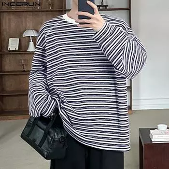 INCERUN Осенние мужские джемперы с круглым вырезом и длинным рукавом в полоску, повседневные свободные толстовки S чёрный