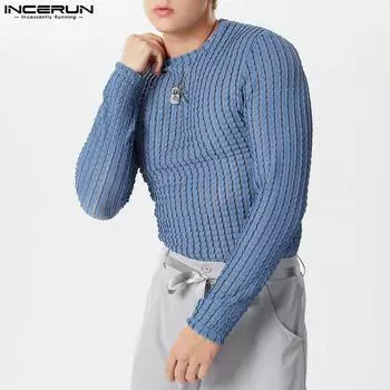 INCERUN Осенние мужские кружевные вязаные топы с длинными рукавами, прозрачные майки