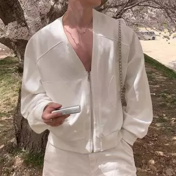 INCERUN Осенние мужские пальто с глубоким V-образным вырезом на молнии с длинным рукавом, свободные тонкие толстовки S белый