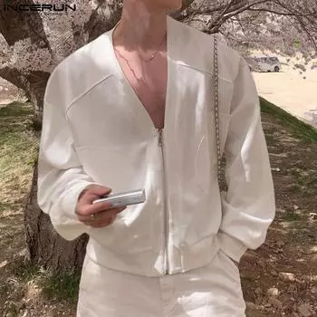 INCERUN Осенние мужские пальто с глубоким V-образным вырезом на молнии с длинным рукавом, свободные тонкие толстовки S белый