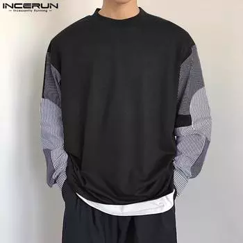 INCERUN Осенние мужские пуловеры с круглым вырезом и длинным рукавом в стиле пэчворк, свободные полосатые топы 5XL чёрный