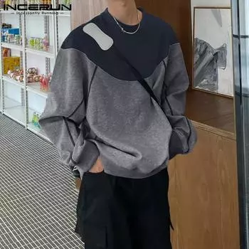 INCERUN Осенние мужские пуловеры с круглым вырезом и длинным рукавом в стиле пэчворк Свободные толстовки S вино красного