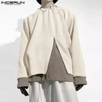 INCERUN Осенние мужские пуловеры с круглым вырезом и длинным рукавом на молнии L чёрный