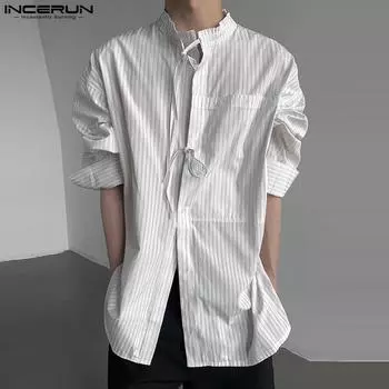 INCERUN Осенние мужские рубашки с воротником-стойкой и длинным рукавом в полоску, топы-бандажи S белый