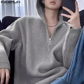 INCERUN Осенние мужские свитера с длинным рукавом и капюшоном, повседневные трикотажные свитера с застежкой-молнией и ребристым узором, топы S чёрный