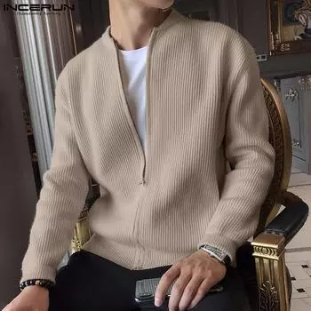 INCERUN Осенние мужские свитера с длинным рукавом на молнии, повседневные ребристые пуловеры S бежевый