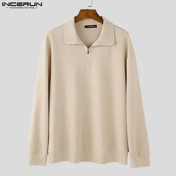 INCERUN Осенние мужские свитера с длинным рукавом и застежкой-молнией на лацкане, повседневные толстовки с текстурой S чёрный