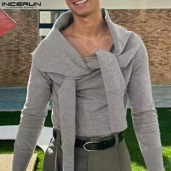 INCERUN Осенние мужские свитера с длинным рукавом и завязками-перекрутками, теплые повседневные трикотажные топы S чёрный