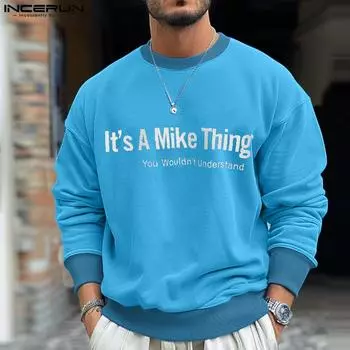 INCERUN Осенние мужские свитера с круглым вырезом и буквенным принтом Повседневные свитера с длинным рукавом 4XL чёрный