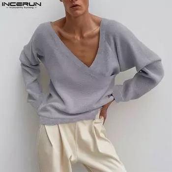INCERUN Осенние мужские свитера с V-образным вырезом и длинным рукавом, повседневные пуловеры с перекрестными бретелями спереди L чёрный