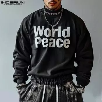 INCERUN Осенние мужские свитера с воротником-стойкой и длинным рукавом с принтом, свободные топы S чёрный