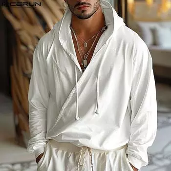 INCERUN Осенние мужские толстовки с капюшоном спереди с длинными рукавами, повседневные свободные пуловеры S чёрный