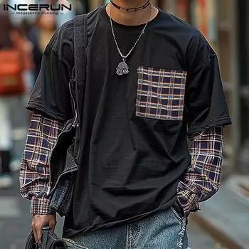 INCERUN Осенние мужские топы с круглым вырезом и длинным рукавом в клетку с принтом в стиле пэчворк M чёрный