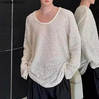 INCERUN Осенние мужские вязаные полые топы с круглым вырезом и длинными рукавами крючком