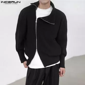 INCERUN Осенние однотонные пуловеры нерегулярной формы с двойной молнией